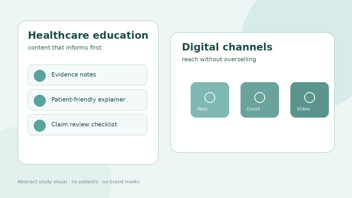 Abstract illustration of healthcare education content cards beside digital channel blocks
