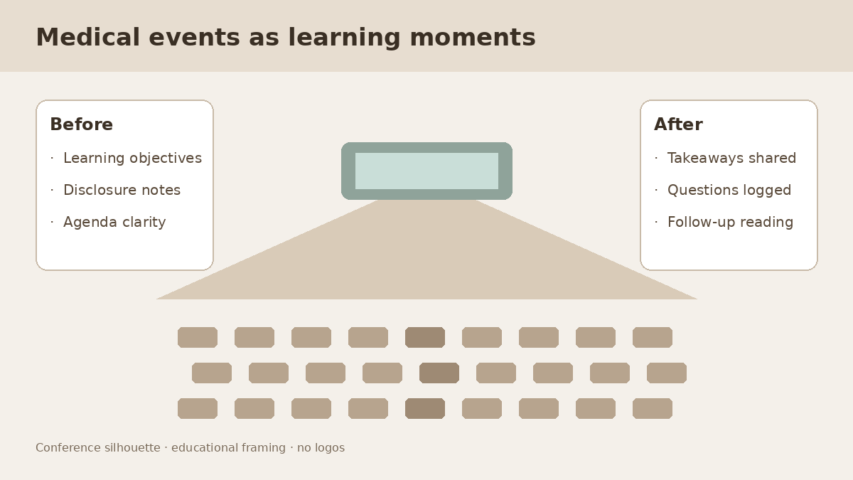 Abstract medical conference scene framed as learning moments with before and after planning panels